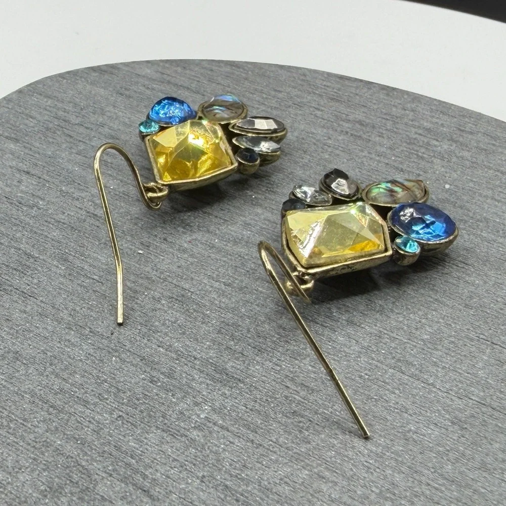 Multicolor Rhinestone Abalone Look Gold Tone Dangle Earrings Boho Statement
